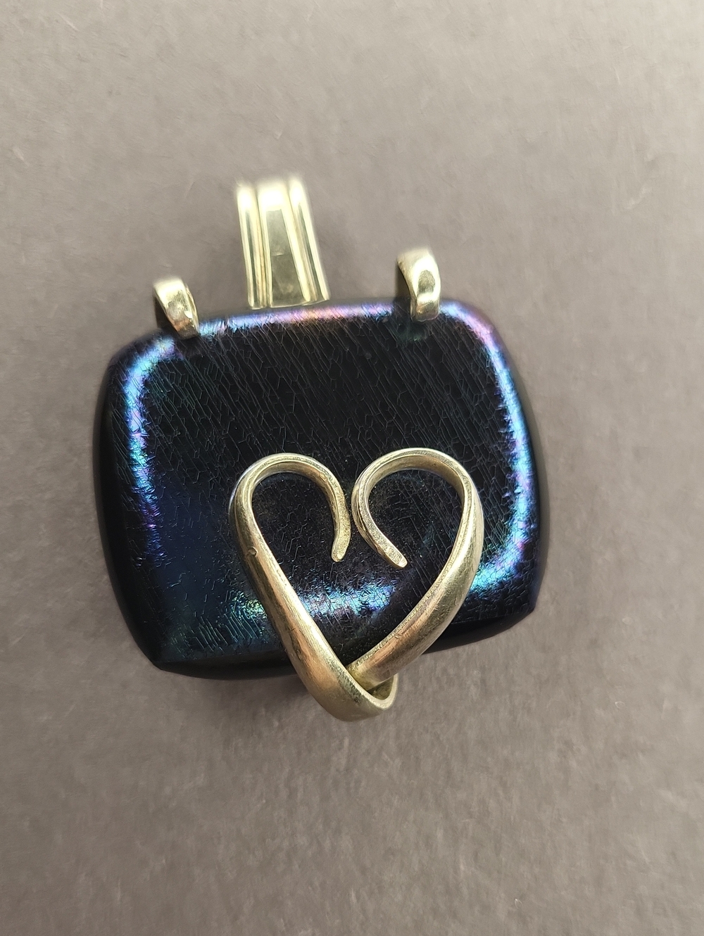 Gold Heart Accent Iridescent Black Pendant Necklace